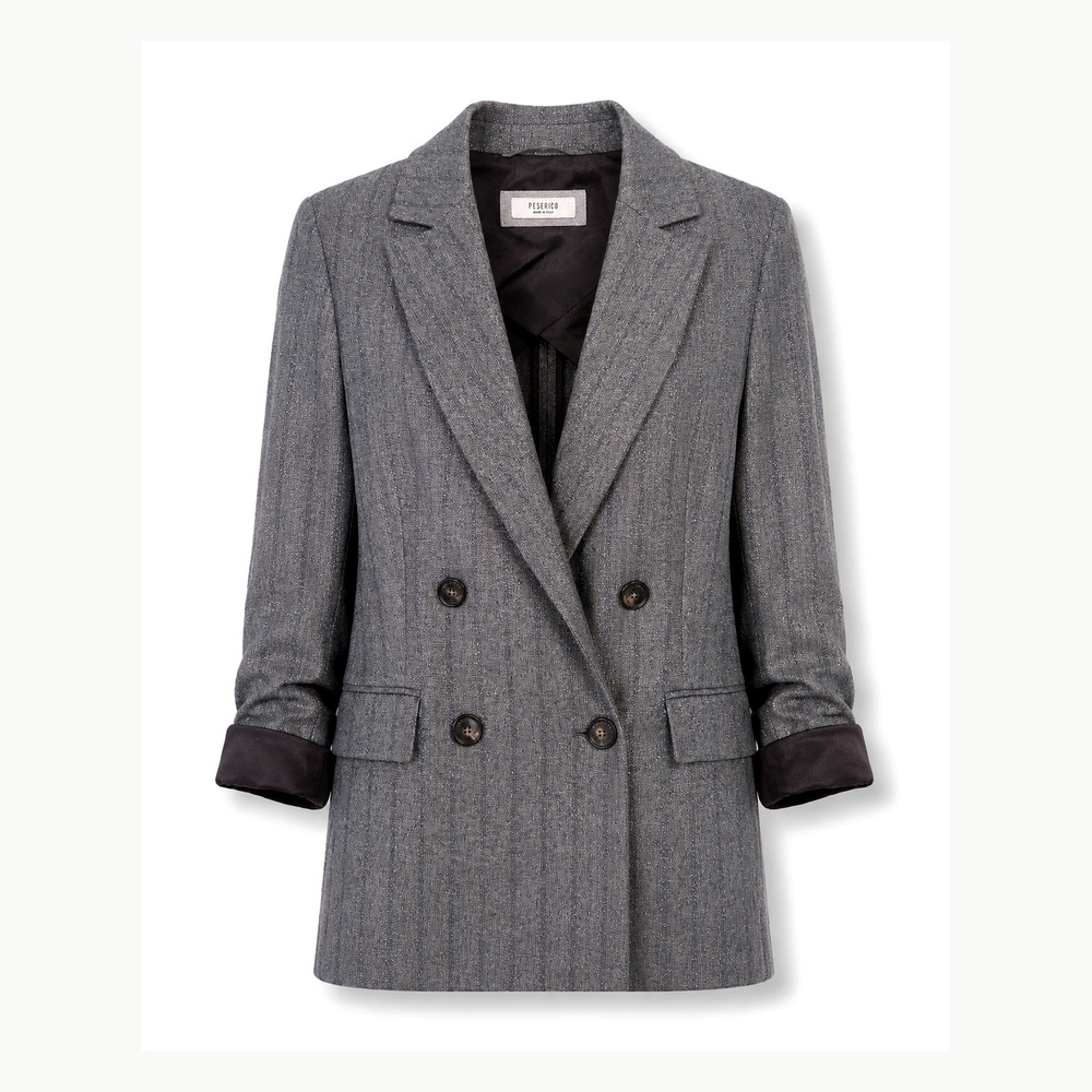 Peserico Metallic Grey Wool Blend Double Breasted Blazer IT 42
